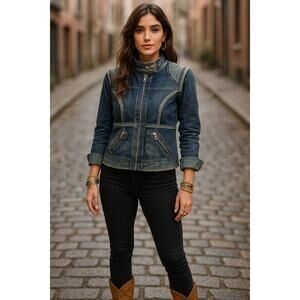 Joie Blue Corduroy Moto Jacket Womens M Patchwork‎ Frayed Trim Boho Street Style